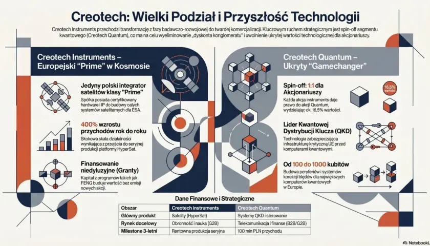 Creotech: podział na Instruments (satelity) i Quantum (QKD, komputery kwantowe). Spin-off Quantum ma uwolnić ukrytą wartość technologiczną, w tym wse: cri.