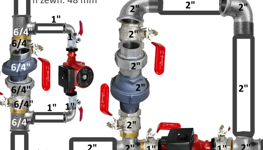 Schemat prawidłowego montażu pompy CO z zaworami i rurami o różnych średnicach (6/4", 1", 2").