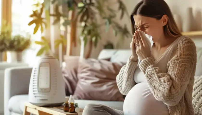 Ciężarna kobieta z chusteczką przy nosie szuka informacji: co na ból gardła w ciąży. Obok nawilżacz powietrza i buteleczki z lekami.