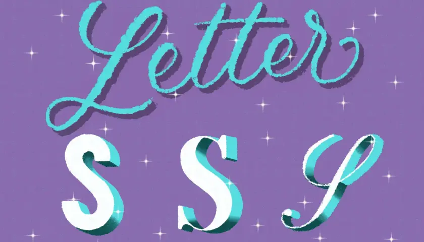 Letter S, S, S. Tres letras S en blanco y turquesa con sombras, sobre fondo morado con estrellas brillantes.
