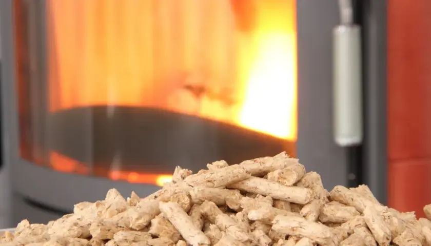 Un tas de granulés de bois attend patiemment devant un poêle à granule en feu. La chaleur réconfortante du feu promet une ambiance chaleureuse.