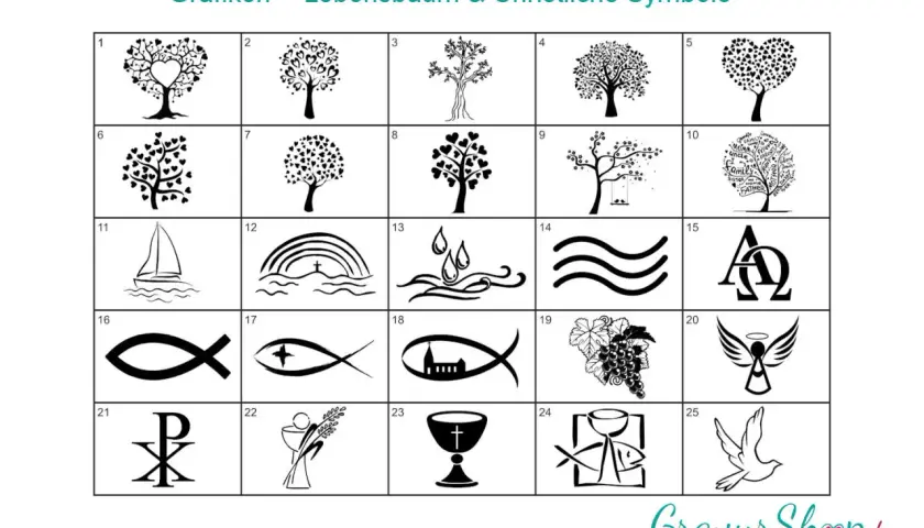 Grafiken: Lebensbäume und christliche Symbole wie Fische, Taube, Kreuz, Alpha und Omega.