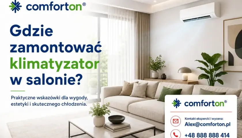 Nowoczesny salon z klimatyzatorem. Dowiedz się, gdzie zamontować klimatyzator w salonie dla optymalnego komfortu.