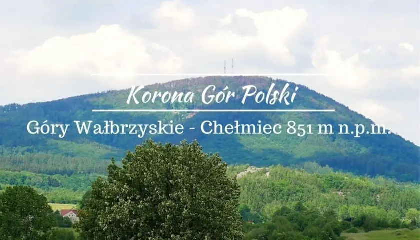 Widok na górzysty krajobraz z dominującym szczytem Chełmiec. Na pierwszym planie bujna zieleń drzew, w oddali łagodne zbocza górskie pokryte lasem.