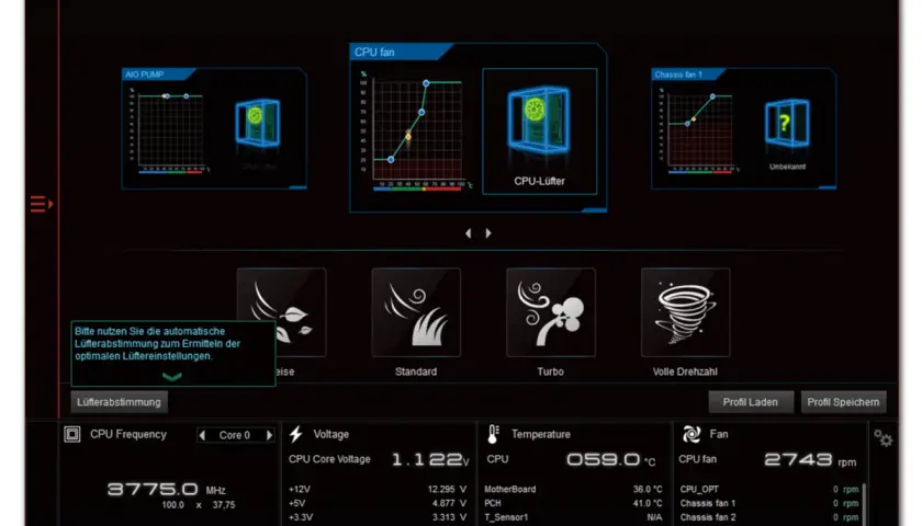 Das Fan Control Software-Interface zeigt Lüfterkurven und Einstellungen für AIO-Pumpen und CPU-Lüfter.