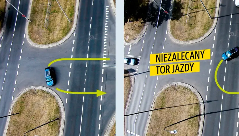 Na skrzyżowaniu można zawracać, jeśli tor jazdy jest prawidłowy. Unikaj niezalecanego toru jazdy, by zapewnić bezpieczeństwo.