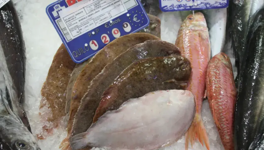 Pescado fresco en hielo: lenguados, salmonetes y otros peces. El cartel indica "acedia pescado" y su precio por kilo.