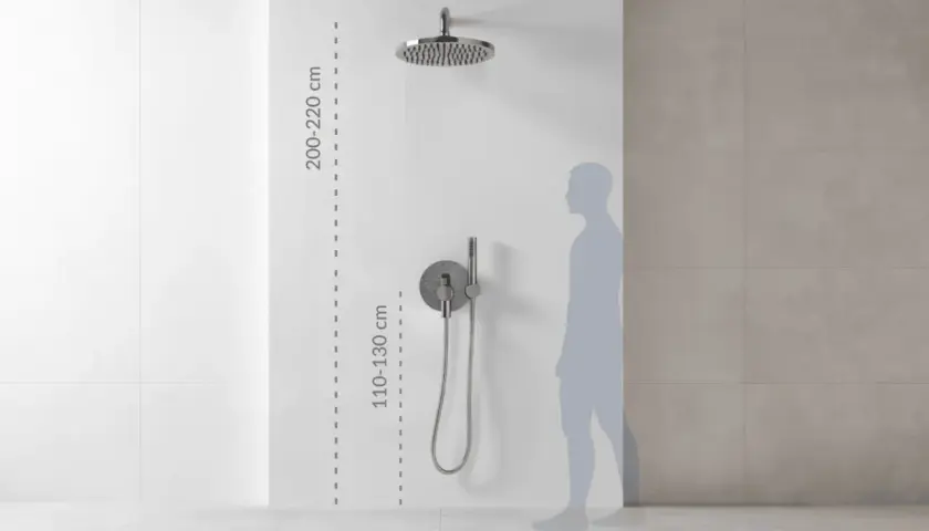 Wysokość baterii prysznicowej: deszczownica 200-220 cm, panel sterujący 110-130 cm. Idealne dopasowanie do wzrostu.