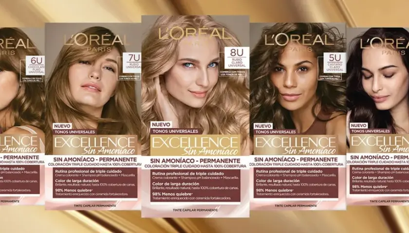 Seis tonos de tinte L'Oréal Excellence Sin Amoniaco, que prometen cuidado y cobertura, pero recuerda que el tinte sin amoniaco daña el pelo.