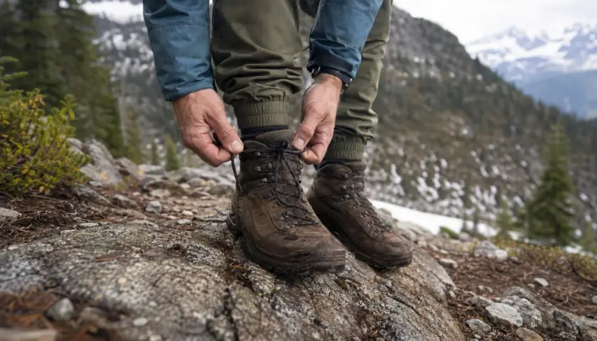 A hiker laces up sturdy brown boots on a rocky mountain trail. The question of should you size up in boots is crucial for comfort on such terrain.