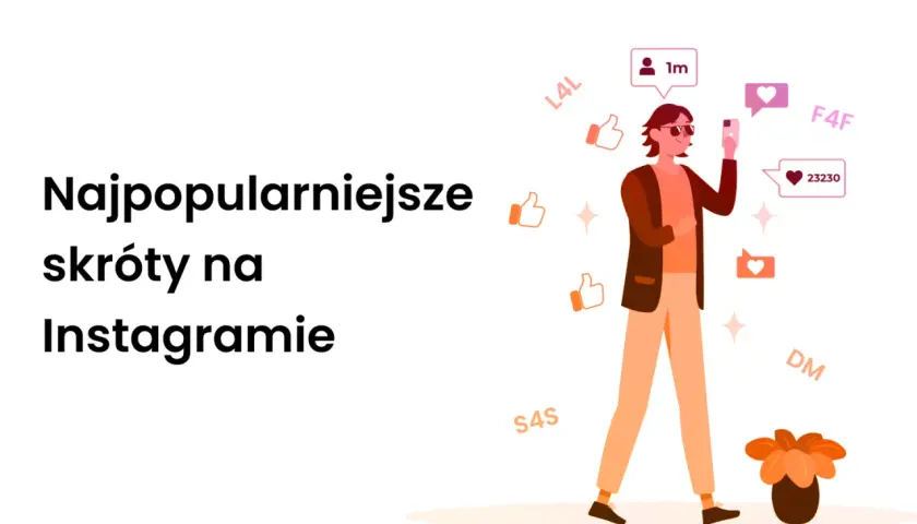 Ilustracja przedstawia osobę z telefonem, otoczoną ikonami polubień i komentarzy, z tekstem "Najpopularniejsze skróty na Instagramie". To przewodnik po świecie social media skrótów.