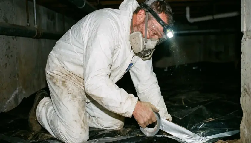 Man i skyddsdräkt tätar krypgrund med plast och silvertejp för att motverka fukt.