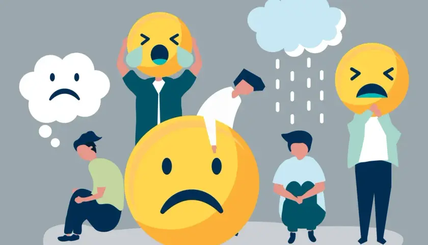Ludzie z wielkimi, smutnymi emotikonami symbolizują trudności w kontroli emocji. Deszcz i chmury podkreślają przygnębienie.
