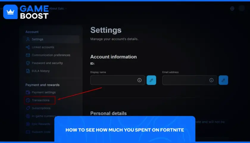 Kliknij "Transactions", aby sprawdzić, jak sprawdzić ile wydałem na Fortnite.