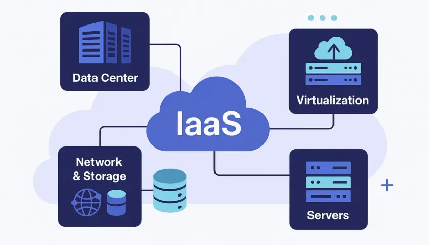Diagramme illustrant l'IaaS : centre de données, réseau, stockage, virtualisation et serveurs. Un serveur internet est au cœur de ce système.