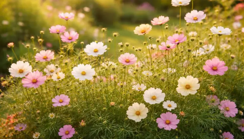 Ein Feld voller zarter, **cosmea winterhart** blühender Blumen in Rosa, Weiß und Gelb im warmen Abendlicht.