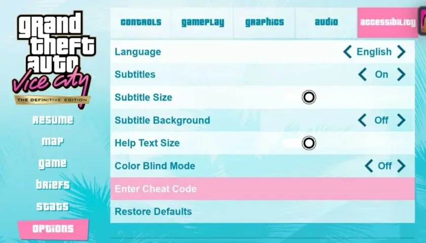 Menu opcji GTA Vice City. Wpisz kody do GTA Vice City, aby odblokować nowe możliwości.