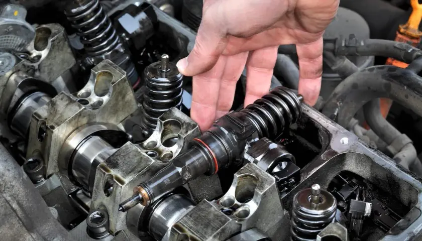 Mano manipulando un inyector de combustible para su limpieza. El motor muestra componentes mecánicos y resortes.