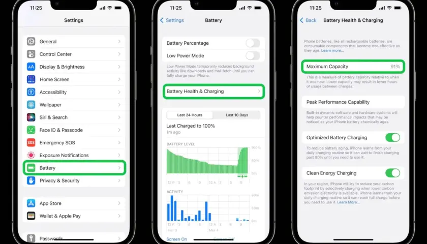 Jak sprawdzić kondycję baterii Realme? Na ekranie iPhone'a widać opcję "Battery Health & Charging" z 91% maksymalnej pojemności.