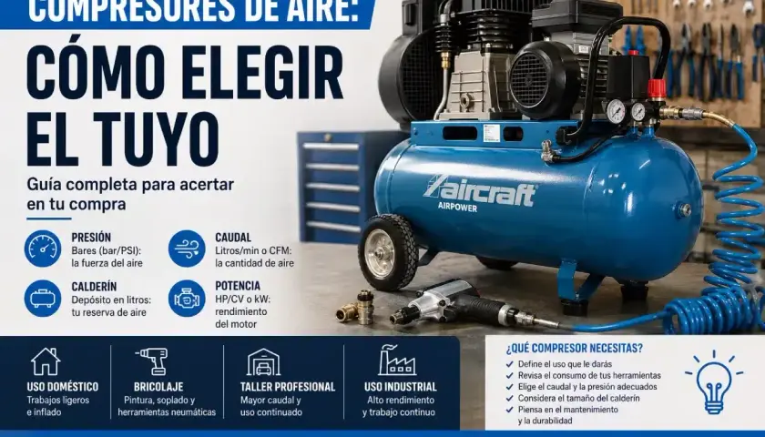 Guía para elegir tu compresor de aire: conoce la presión, caudal, potencia y calderín. Aprende cómo funciona un compresor de aire para uso doméstico, bricolaje o profesional.
