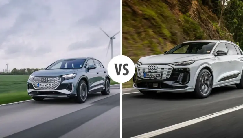 Dwa modele Audi e-tron: szary SUV na tle wiatraków i biały SUV na krętej drodze.