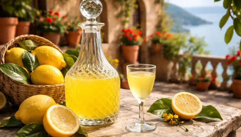 Słoneczny taras, koszyk cytryn, karafka i kieliszek z limoncello. Idealny przepis na włoski likier.