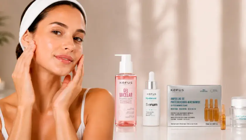Mujer con piel radiante, aplicando productos de cuidado facial. Ideal para piel grasa, con gel micelar, serum y ampollas.