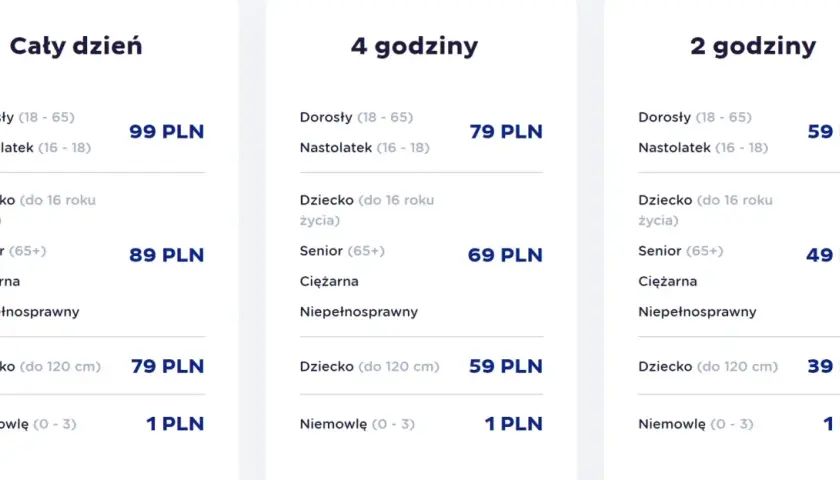 Cennik wejść do największego aquaparku w Polsce: cały dzień, 4 lub 2 godziny. Ceny dla dorosłych, nastolatków, dzieci, seniorów, kobiet w ciąży i osób niepełnosprawnych.