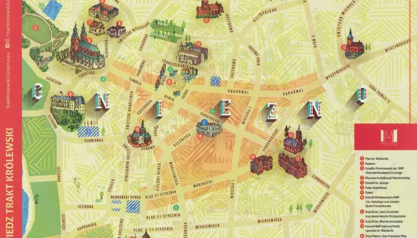 Mapa atrakcji Gniezna i okolic: Trakt Królewski z zaznaczonymi zabytkami, kościołami i muzeami.