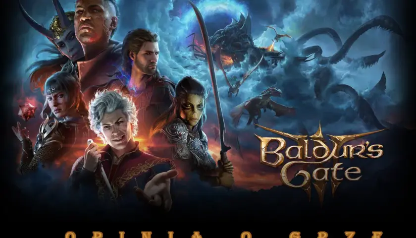 Postacie z Baldur's Gate 3 na Xbox, w tym elfka z rogami, wojownik i szalony mag, na tle smoków i mrocznych chmur.
