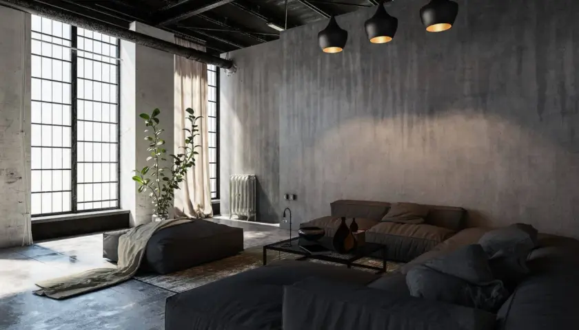 Wohnzimmer im **industrial style** mit Betonwänden, großen Fenstern und dunklen Sofas.