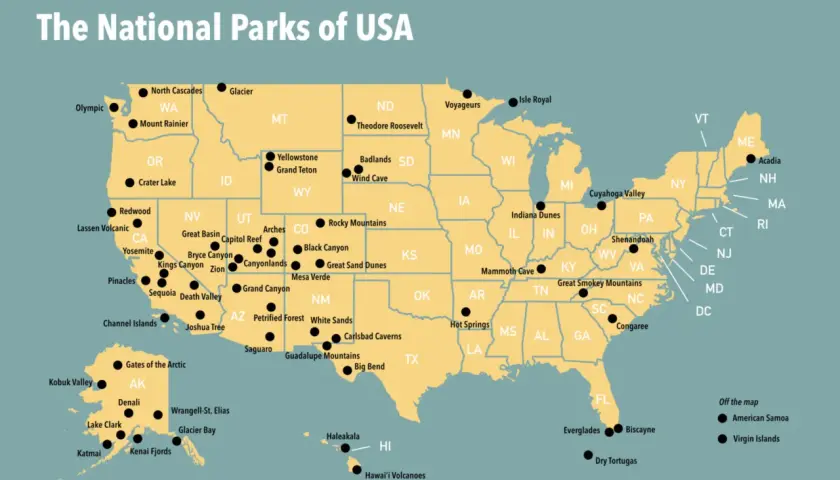 Karte der nationalparks USA mit Orten wie Yellowstone, Grand Canyon, Yosemite und Everglades.