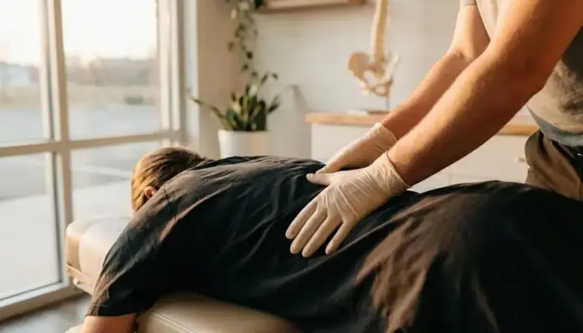 Osteopath behandelt Rücken, um Muskelkater nach der Behandlung zu lindern.