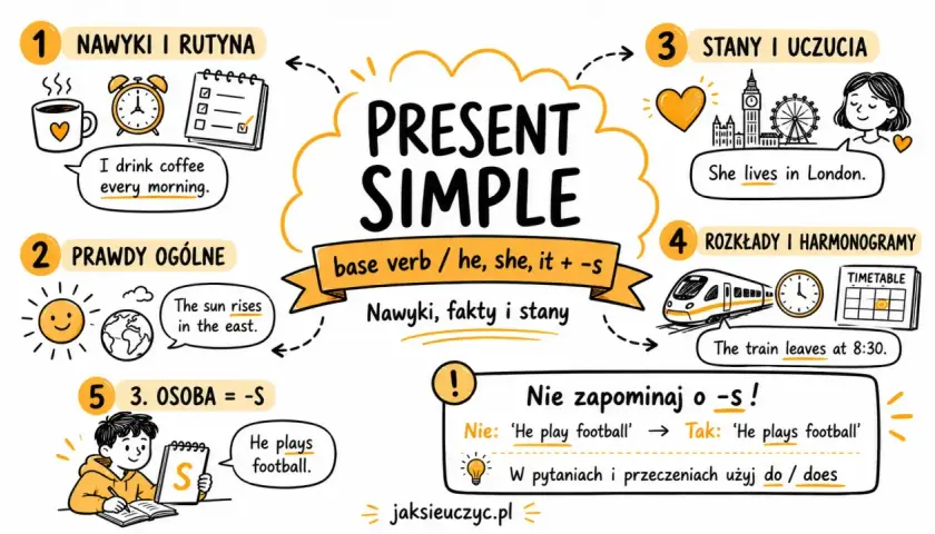 Present Simple: nawyki, prawdy, stany, rozkłady. Używamy go, by opisać to, co dzieje się teraz, w teraźniejszości.