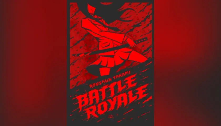 Czerwona grafika z dziewczyną w stroju szkolnym, trzymającą zakrwawiony miecz. Napis "BATTLE ROYALE" sugeruje brutalną walkę na śmierć i życie.
