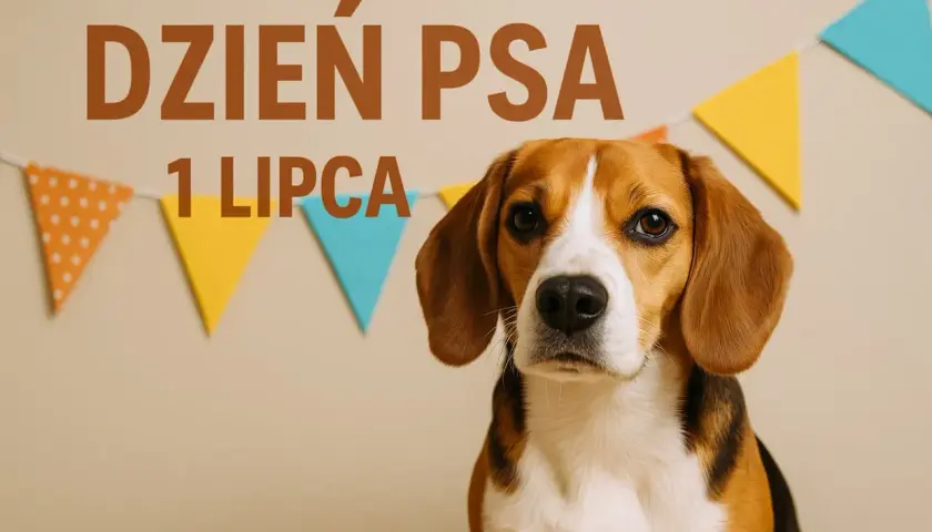 Uroczy beagle czeka na świętowanie Dnia Psa 1 lipca, otoczony kolorowymi chorągiewkami.