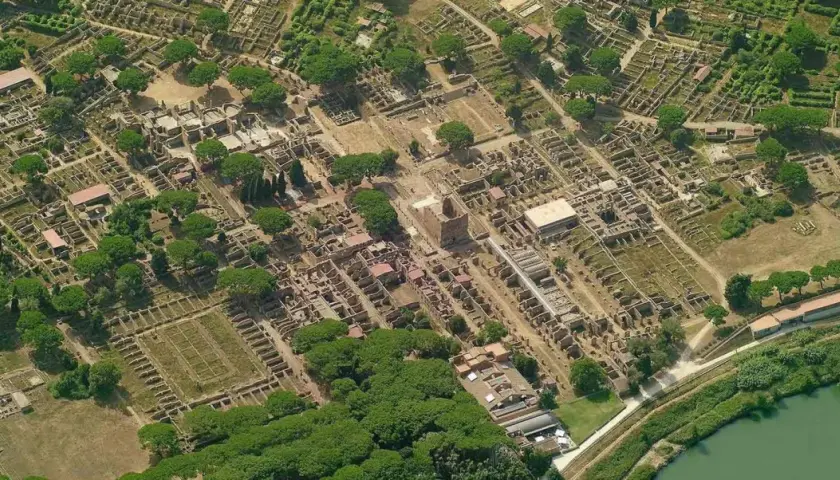 Vue aérienne d'Ostia Antica, vestiges d'une ancienne cité romaine avec ses ruines, ses rues et ses arbres verdoyants.