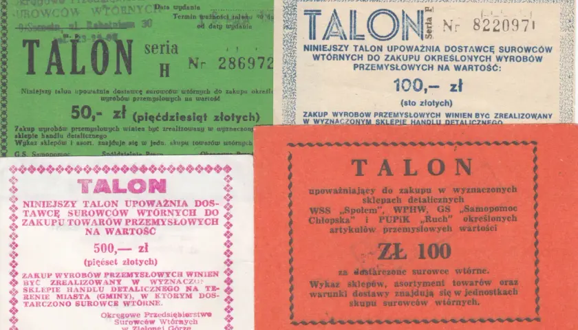 Trzy różne talony upoważniające do zakupu surowców wtórnych lub towarów przemysłowych o wartości 50, 100 i 500 zł.