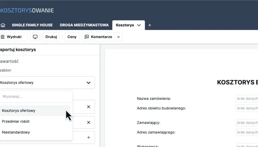 Wybieranie szablonu "Kosztorys ofertowy" do eksportu kosztorysu inwestorskiego.