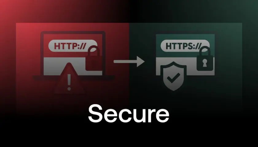 Transition d'un site HTTP non sécurisé vers HTTPS, symbolisant un audit sécurité web réussi. Icônes de cadenas, bouclier et alerte.