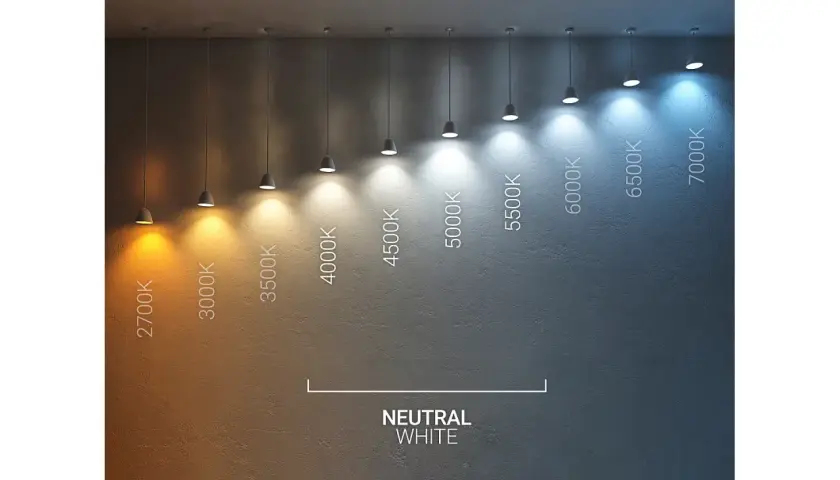 Comparativa de temperaturas de color de luz, desde cálida (2700K) hasta fría (7000K), mostrando la transición hacia un blanco neutro alrededor de 4200K.