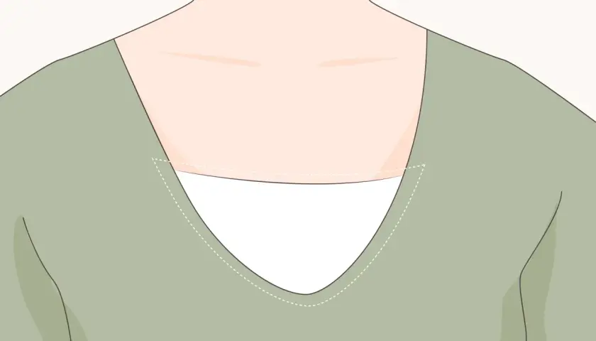 Illustration showing how to sew a neckline with dashed lines indicating stitching.