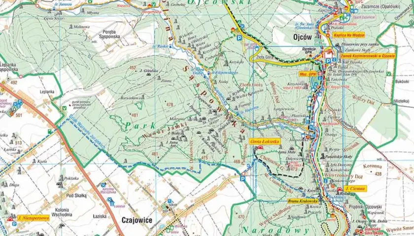 Mapa turystyczna Ojcowski Park Narodowy, gdzie zacząć? Zaznaczone szlaki, jaskinie, punkty widokowe i miejscowości.