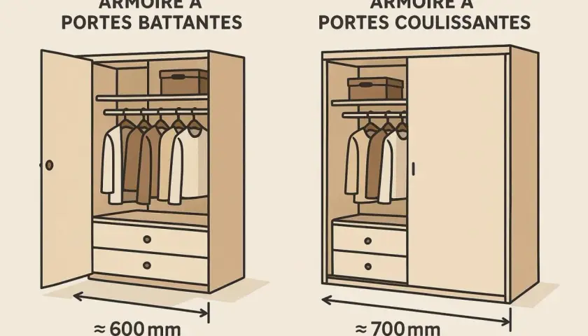 Comparaison de la profondeur d'un dressing : 600 mm pour une armoire à portes battantes, 700 mm pour une armoire à portes coulissantes.