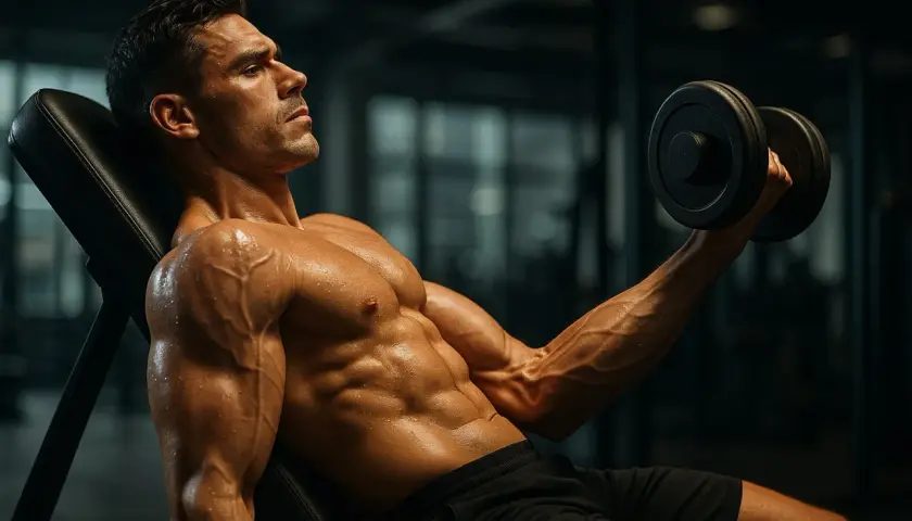 Mężczyzna wykonuje ćwiczenia na biceps z hantlem na ławce skośnej. Jego mięśnie są wyraźnie zarysowane i spocone.