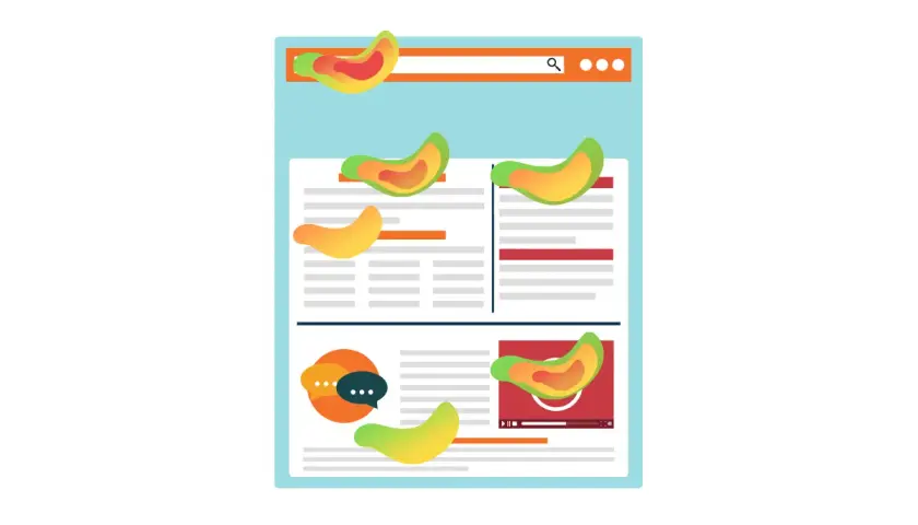 Analiza strony internetowej z kolorowymi plamami, sugerującymi heat mapping. Widoczne elementy: pasek wyszukiwania, artykuły, ikona czatu i odtwarzacz wideo.