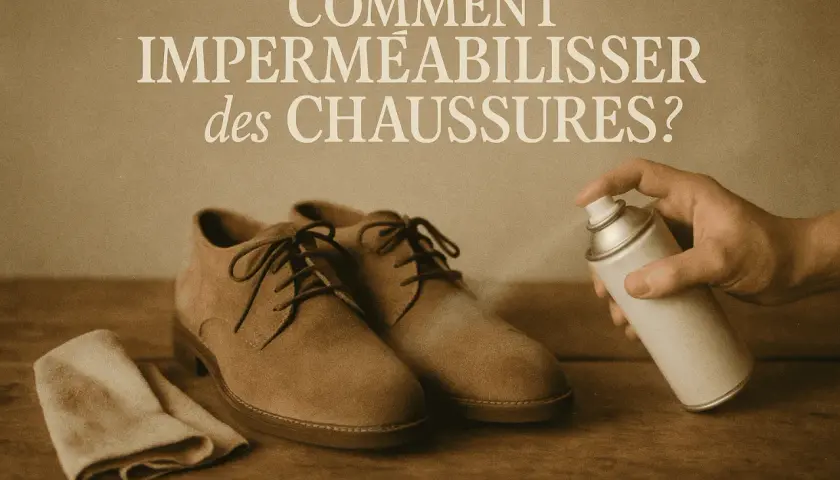 Comment imperméabiliser des chaussures en daim avec un spray protecteur. Une paire de chaussures, un chiffon et une bombe sont sur une table en bois.