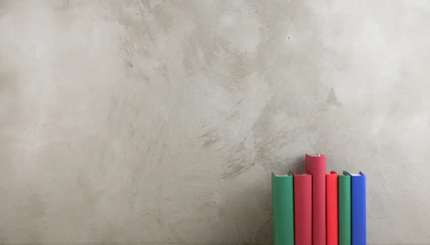 Bunte Bücher stehen vor einer Wand in Beton Optik.