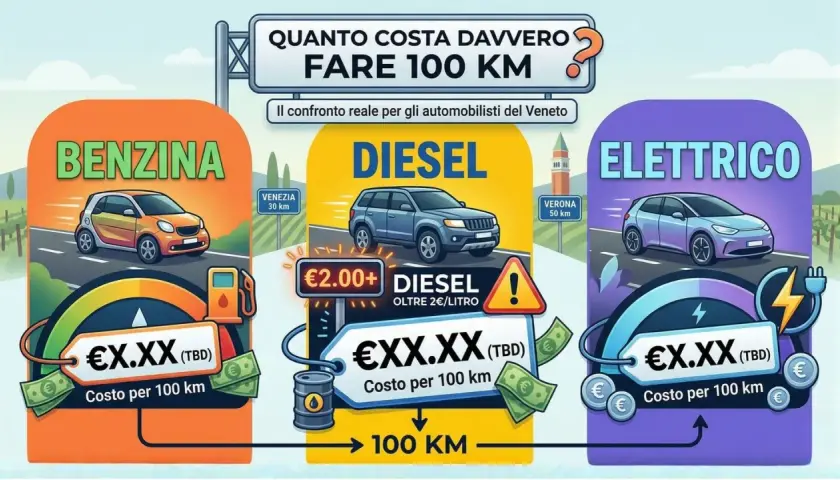 Confronto costi auto: benzina, diesel e elettrico. Quanto diesel per 100 km? L'immagine mostra i costi per 100 km di diversi tipi di auto.