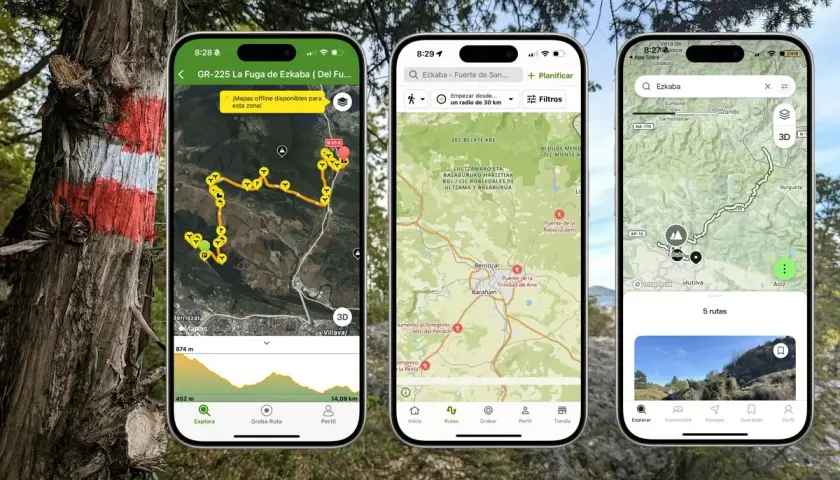 Tres pantallas de una **aplicación senderismo** muestran mapas detallados de rutas, perfiles de elevación y opciones de planificación.